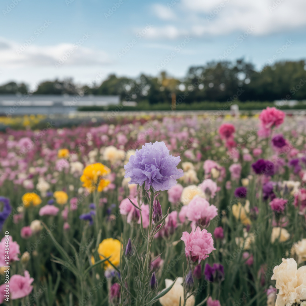 Lush floral meadow showcasing diverse blooms in vivid colors with a peaceful rural backdrop Lush floral meadow showcasing diverse blooms in vivid colors with a peaceful rural backdrop