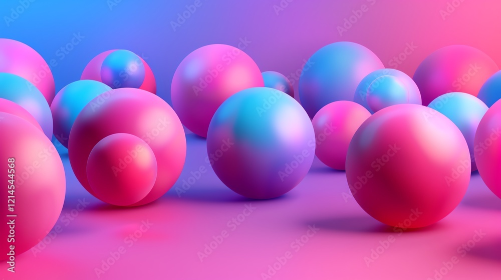 An abstract 3D rendering of colorful spheres on a pink and blue background. An abstract 3D rendering of colorful spheres on a pink and blue background.