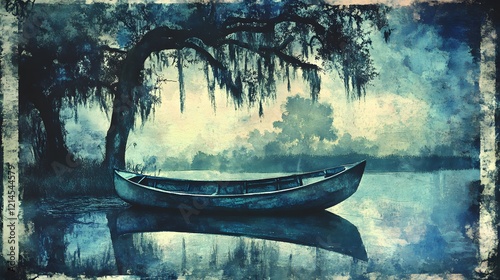 Serene Bayou  Vintage Boat  Cypress Tree  Misty Swamp