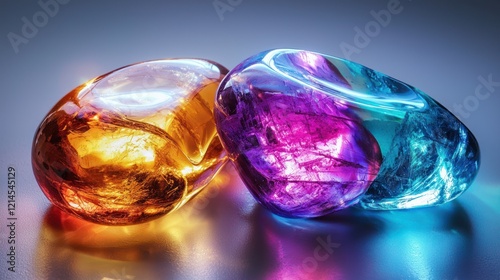 A smooth, colorful gemstones, shining under bright light, showing their polished surface