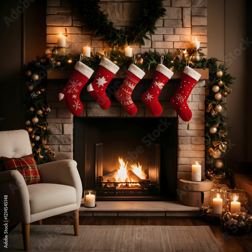 Cozy fireplace stockings decorated mantel