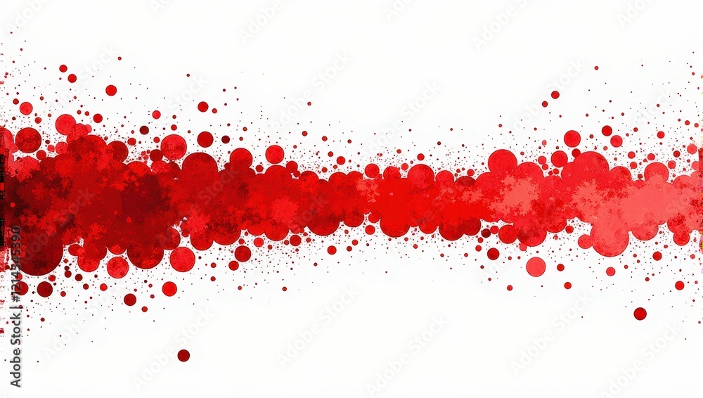 Fototapeta premium Vibrant abstract splatter of varied red tones, with white backdrop. Scattered circles of diverse sizes add depth, while a bold line of red circles creates dynamic movement