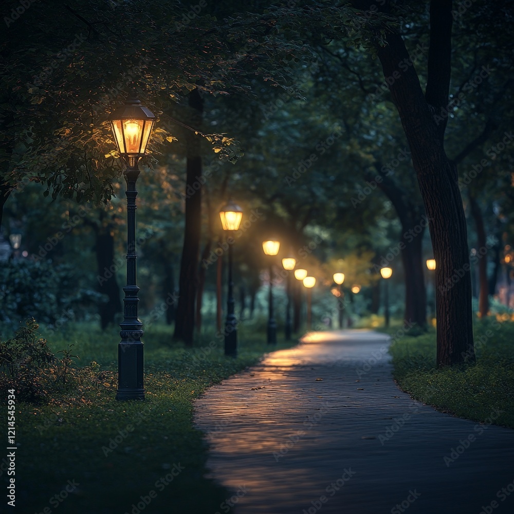 A tranquil park path with warm streetlights at night, creating a serene ambiance. Ideal for urban tranquility, reflective moments, and evening scenes. A tranquil park path with warm streetlights at night, creating a serene ambiance. Ideal for urban tranquility, reflective moments, and evening scenes.