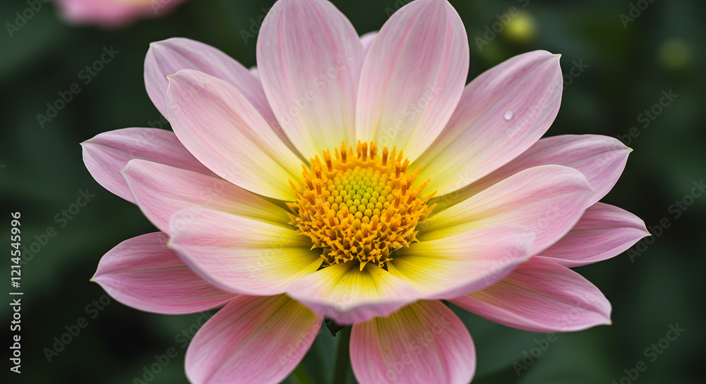 A prominent flower characterized by a yellow center and pink petal arrangement. A prominent flower characterized by a yellow center and pink petal arrangement.