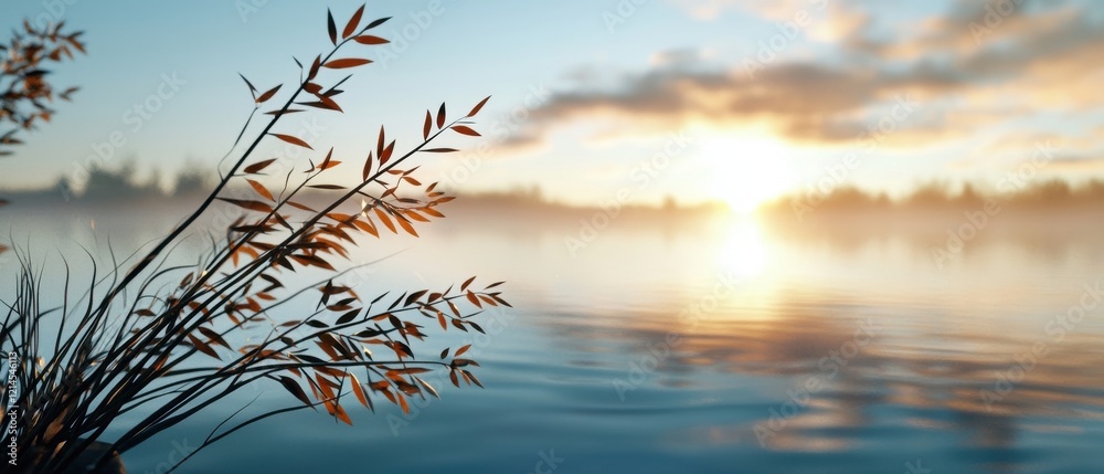 Obraz premium Tranquil Sunrise Over Calm Lake with Silhouetted Plants and Reflections