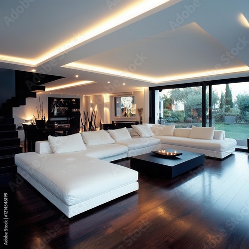 Elegant living room with modern furniture and warm lighting, minimalist yet inviting, [interior refinement], [design clarity],