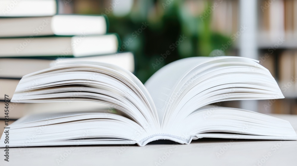 Open book on table, library background, education concept Open book on table, library background, education concept