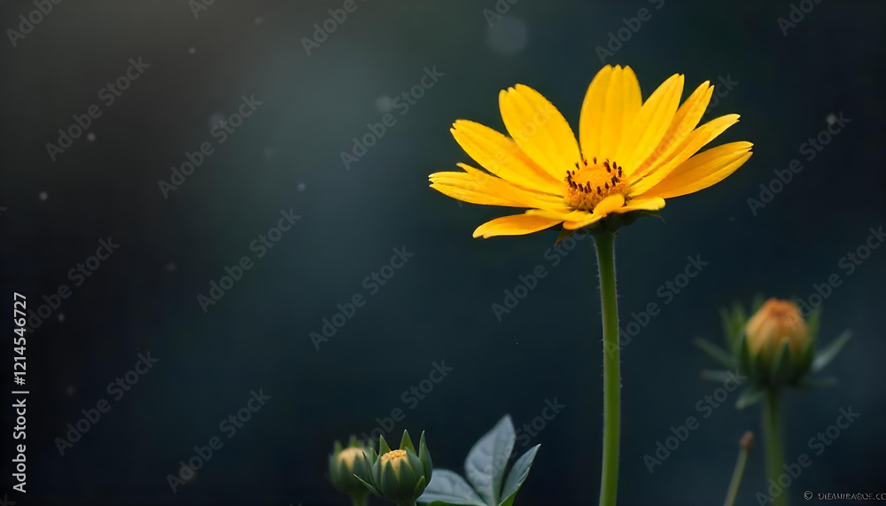 A tall yellow flower with multiple petals and a slender green stem, surrounded by smaller buds and leaves. The background is dark blue with soft bokeh effects, creating a dreamy atmosphere with scatte A tall yellow flower with multiple petals and a slender green stem, surrounded by smaller buds and leaves. The background is dark blue with soft bokeh effects, creating a dreamy atmosphere with scatte