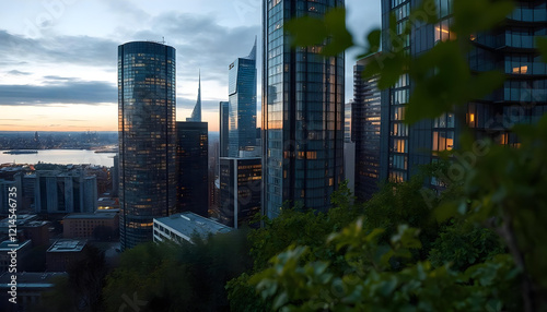 A panoramic view of a city skyline at dusk, featuring tall skyscrapers with illuminated windows. The buildings are densely packed, with some greenery visible in the foreground. In the background, a bo photo