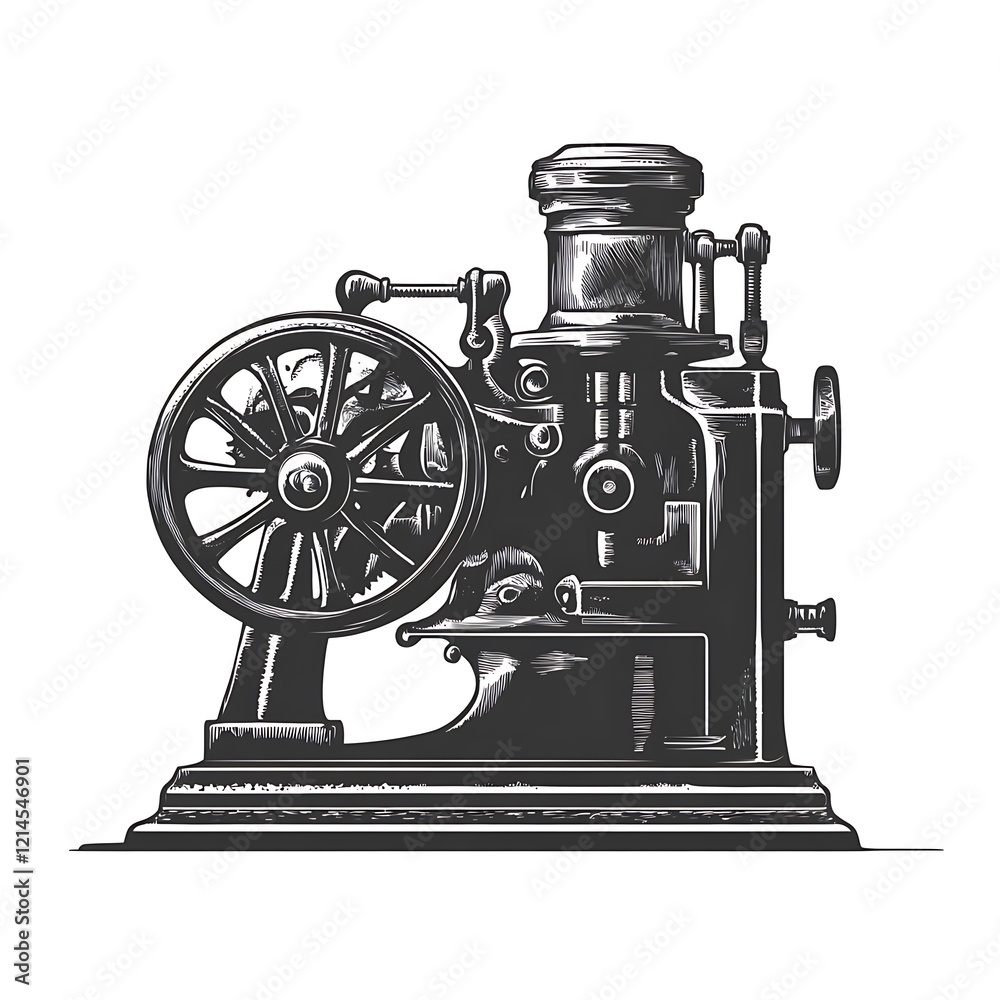 Fototapeta premium Vintage sewing machine illustration, engraved style, detailed machinery design, studio shot, graphic art