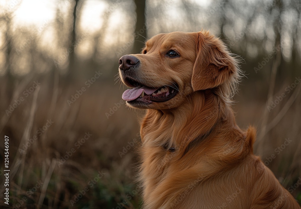 A Happy Golden Retriever Dog Sitting in a Natural Setting with Soft Lighting and Blurred Background During Sunset Hours in Nature A Happy Golden Retriever Dog Sitting in a Natural Setting with Soft Lighting and Blurred Background During Sunset Hours in Nature