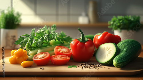  Fresh vegetables on a wooden board: red bell pepper, cucumber, tomatoes, yellow chili peppers, parsley greens, and spices, with a warm kitchen background