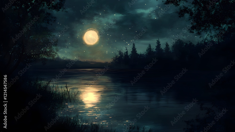 Fototapeta premium Serene Night Lake Full Moon Stars Trees Water Reflection