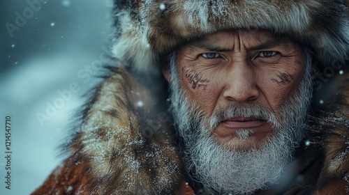 Close-up portrait of a resolute Mongolian man in a traditional fur-lined deel, standing in a snow-covered winter landscape, showcasing cultural heritage and resilience
