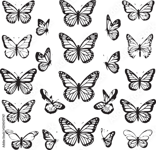 Set of butterflies isolated  White And black background.