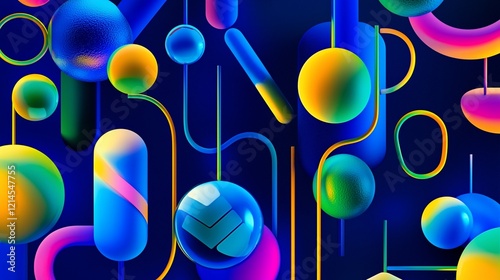 Abstract vibrant 3D shapes, colorful spheres, and glowing lines on a dark blue background.
