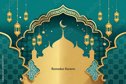 Wallpaper Mural Festive Ramadan Kareem Greeting with Mosque and Lanterns, Islamic lantern,Mosque and Star background,Ramadan Kareem,Eid al fitr,Eid al Adha,Happy Muharram,empty for text Torontodigital.ca