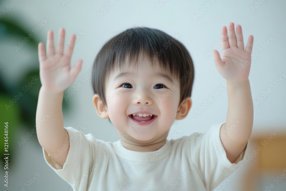 Happy toddler raises hands in celebration during a bright indoor playtime in a cozy environment Happy toddler raises hands in celebration during a bright indoor playtime in a cozy environment