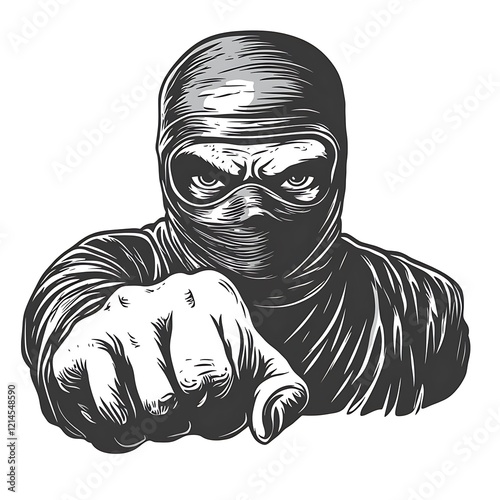 Ninja pointing, graphic illustration, serious expression photo