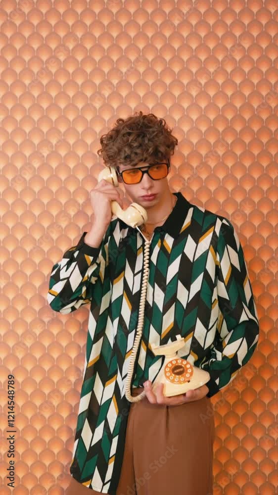 Trendy male with sunglasses, patterned shirt dialing vintage rotary phone against vibrant orange wallpaper, embodying nostalgic retro style