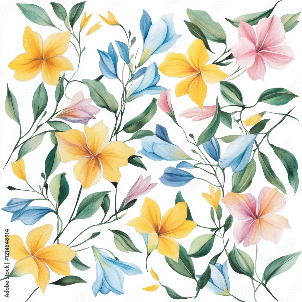 Fototapeta premium Vibrant Watercolor Floral Pattern Yellow Pink Blue Flowers Botanical Design