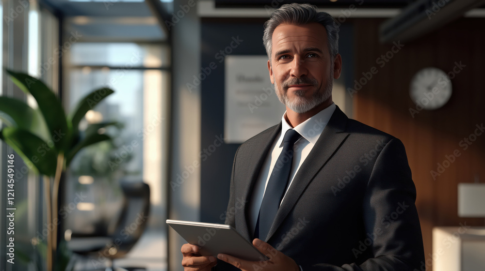 Portrait smiling businessman executive standing in office using digital tablet. Portrait smiling businessman executive standing in office using digital tablet.