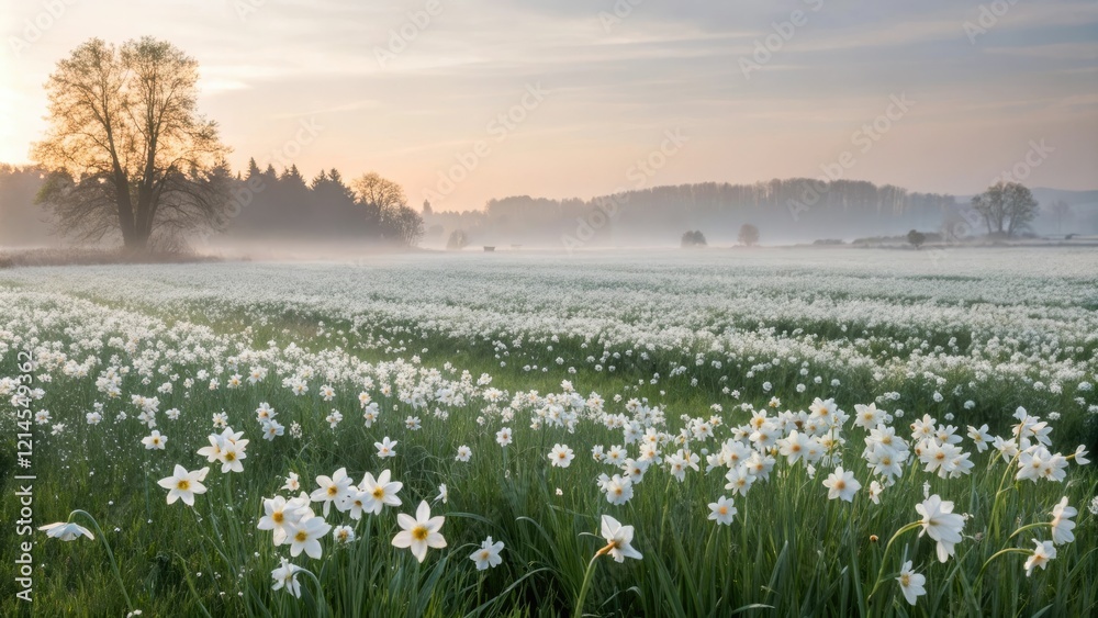 Naklejka premium A breathtaking view of a white flower field blanketed with thick morning dew creating a sense of wonder and awe, petals, landscape, blooming