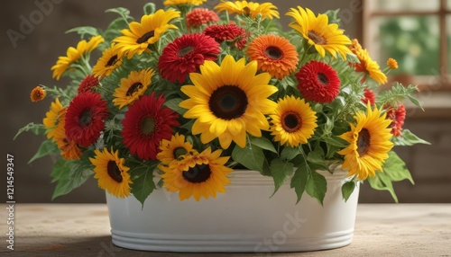Wallpaper Mural A bright and cheerful bouquet of sunflowers and zinnias in a large ceramic container , sunflowers, colorful Torontodigital.ca