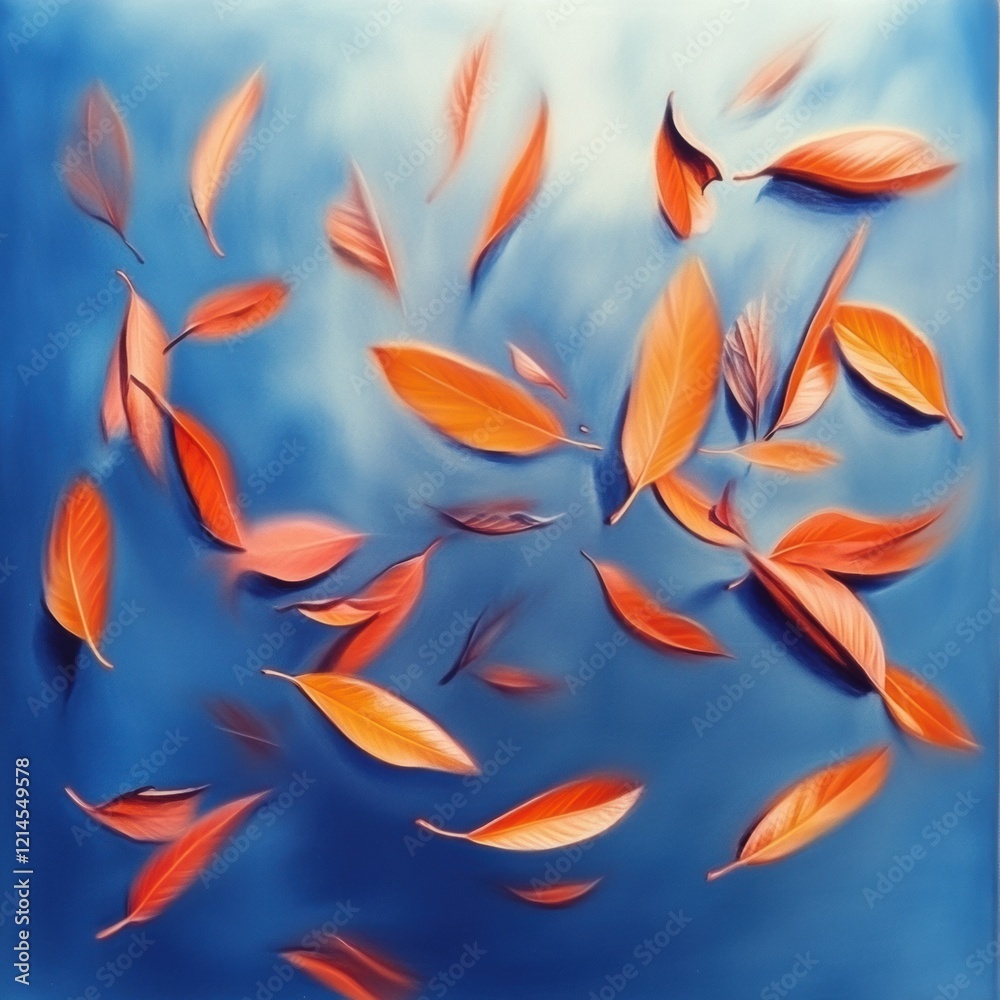 Falling Autumn Leaves on Blue Background Abstract Art Vibrant Orange and Red Colors Falling Autumn Leaves on Blue Background Abstract Art Vibrant Orange and Red Colors