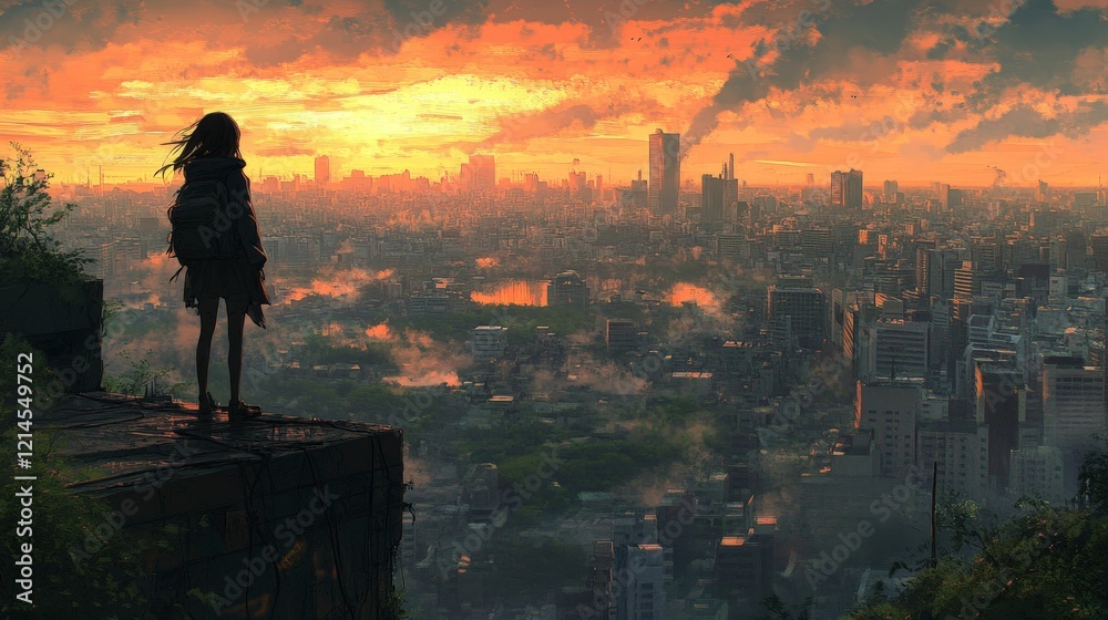 Fototapeta premium A lone girl in a desolate post-apocalyptic city, symbolizing survival and resilience. Ideal for dystopian stories, game concepts, and dramatic visual art.