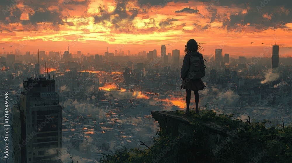 Fototapeta premium A lone girl in a desolate post-apocalyptic city, symbolizing survival and resilience. Ideal for dystopian stories, game concepts, and dramatic visual art.