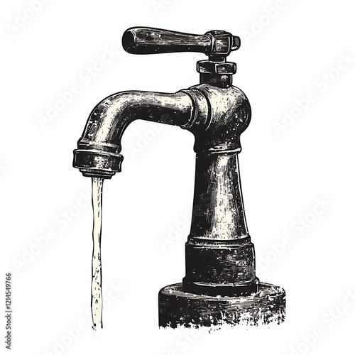 Vintage water faucet pouring water, graphic design element photo