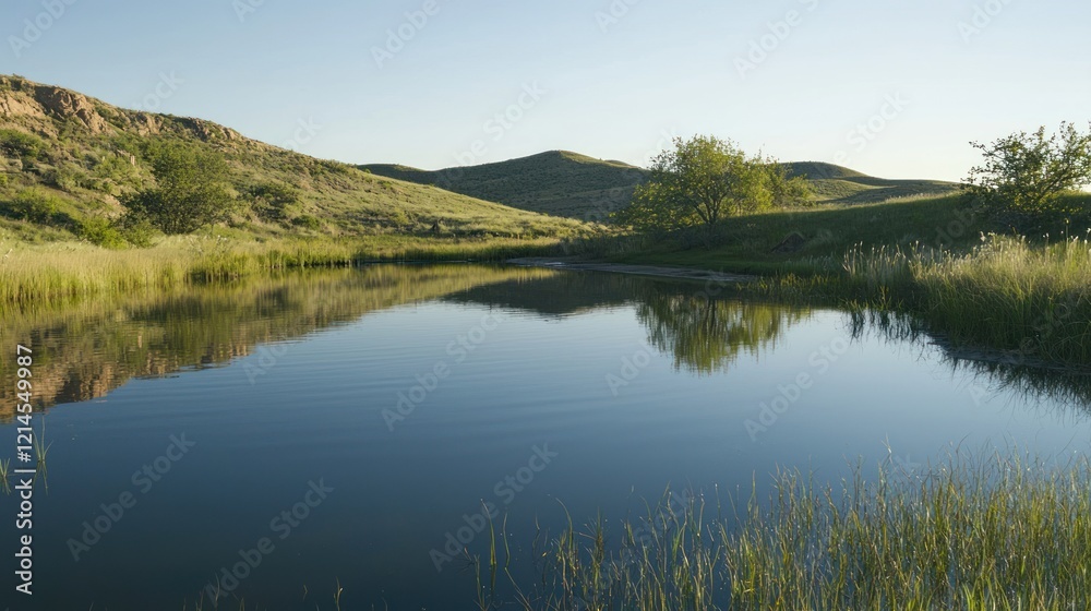 A smooth, still pond reflecting the surrounding landscape with no ripples disturbing the surface. A smooth, still pond reflecting the surrounding landscape with no ripples disturbing the surface.