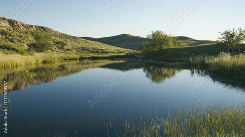 A smooth, still pond reflecting the surrounding landscape with no ripples disturbing the surface.