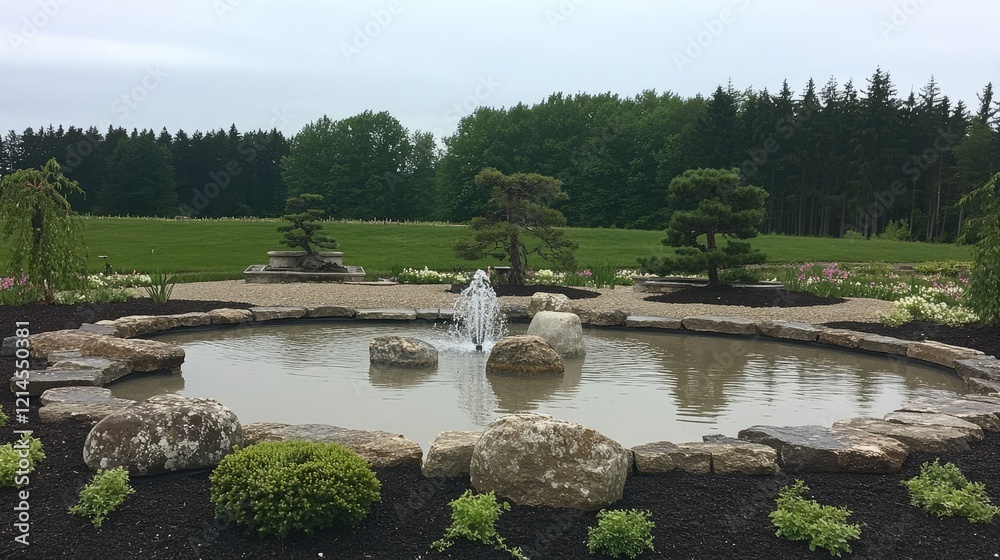 Fototapeta premium Serene garden pond fountain, tranquil landscape, peaceful background, ideal for relaxation