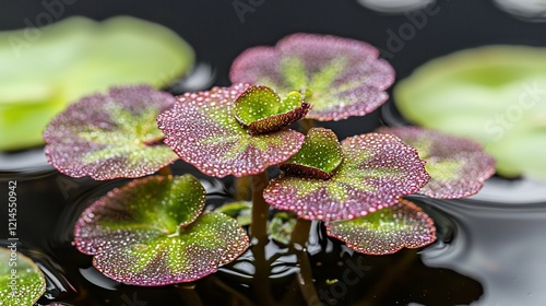 Close-up of dew-covered aquatic plant leaves.