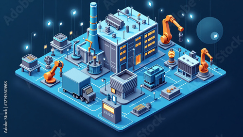 Industry 4.0 Isometric Smart Factory with Automation and Robotics