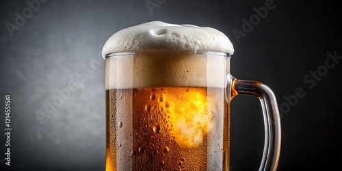 A close-up of a beer mug filled with creamy foam and condensation, drink, condensation, beer, barroom photo