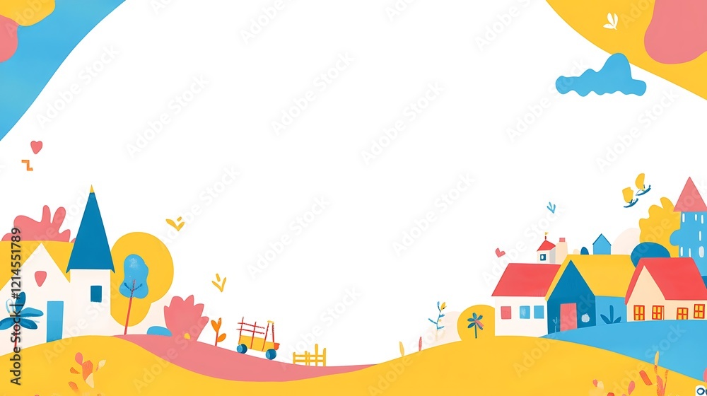Obraz premium Colorful Cartoon Village Landscape, Background, Illustration, Design Element, Children's Book