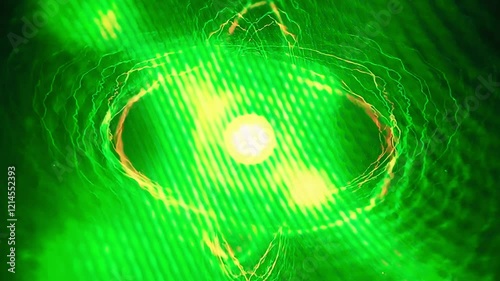 Pulsating atomic core radiates green and yellow energy waves within a swirling red plasma field. Dynamic visualization combines spiral patterns and geometric forms. Hypnotic animation. photo