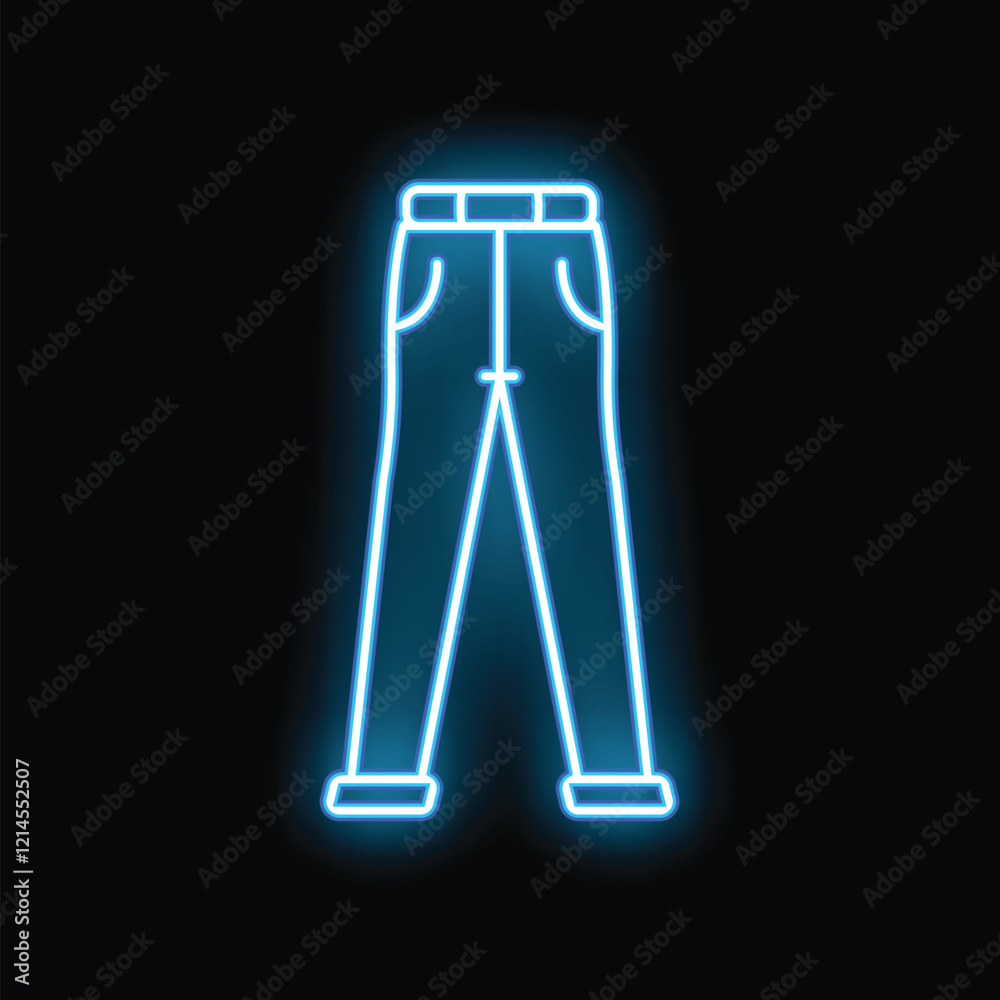 Blue neon sign representing casual pants with pockets, perfect for attracting customers to a clothing store Blue neon sign representing casual pants with pockets, perfect for attracting customers to a clothing store