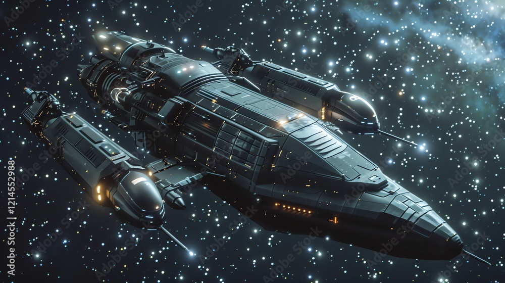 Fototapeta premium A futuristic spaceship flying through a starry expanse.