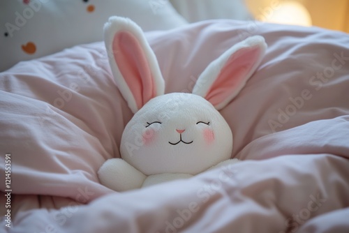 Stuffed bunny on the bed. Bunny plushie sleeping in bed