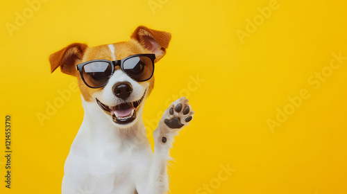A fashionable dog in sunglasses exudes charm and confidence against a vibrant yellow background, sending delightful vibes of joy and style.