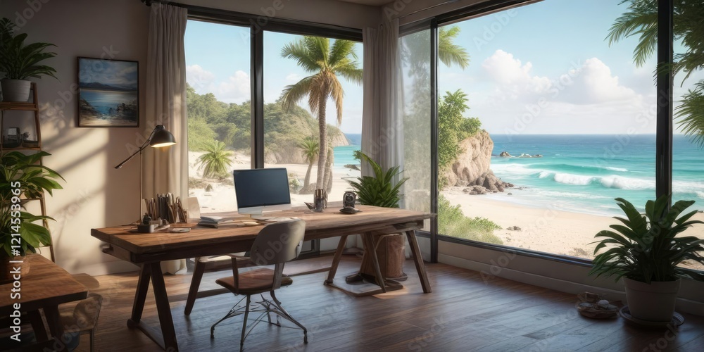 Fototapeta premium A clutter-free workspace overlooking a picturesque beach scene, workspace, summer