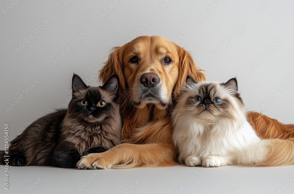 Adorable Golden Retriever and Two Beautiful Cats Posing Together on a Light Background, Capturing the Essence of Pet Companionship and Love Adorable Golden Retriever and Two Beautiful Cats Posing Together on a Light Background, Capturing the Essence of Pet Companionship and Love