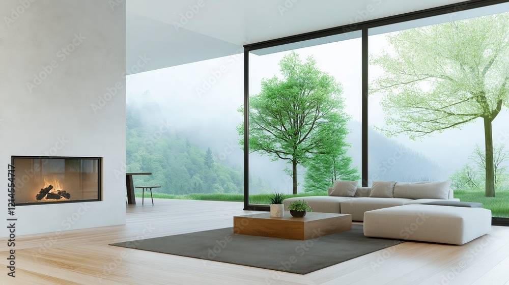 Fototapeta premium Modern Living Room with Large Windows Overlooking Lush Green Landscape and Cozy Fireplace