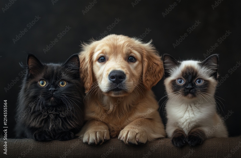 Adorable Golden Retriever Puppy Flanked by Playful Kittens in a Cozy Setting, Showcasing Friendship and Innocence Among Pets, Perfect for Pet Lovers and Animal Enthusiasts