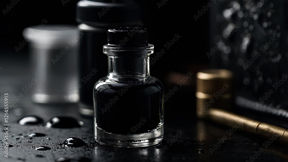 Dark Moody Tattoo Ink Bottle Close-Up, General AI Dark Moody Tattoo Ink Bottle Close-Up, General AI