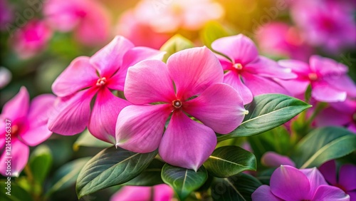 Pink Periwinkle Flowers: Close-up Macro Shot of Catharanthus roseus Blossoms